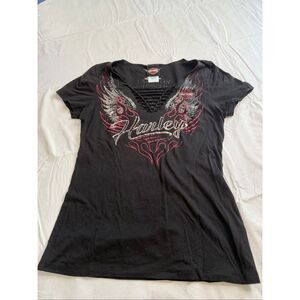 Harley Davidson Women’s Black Angel Wings Flames Y2K T-Shirt Size Medium
